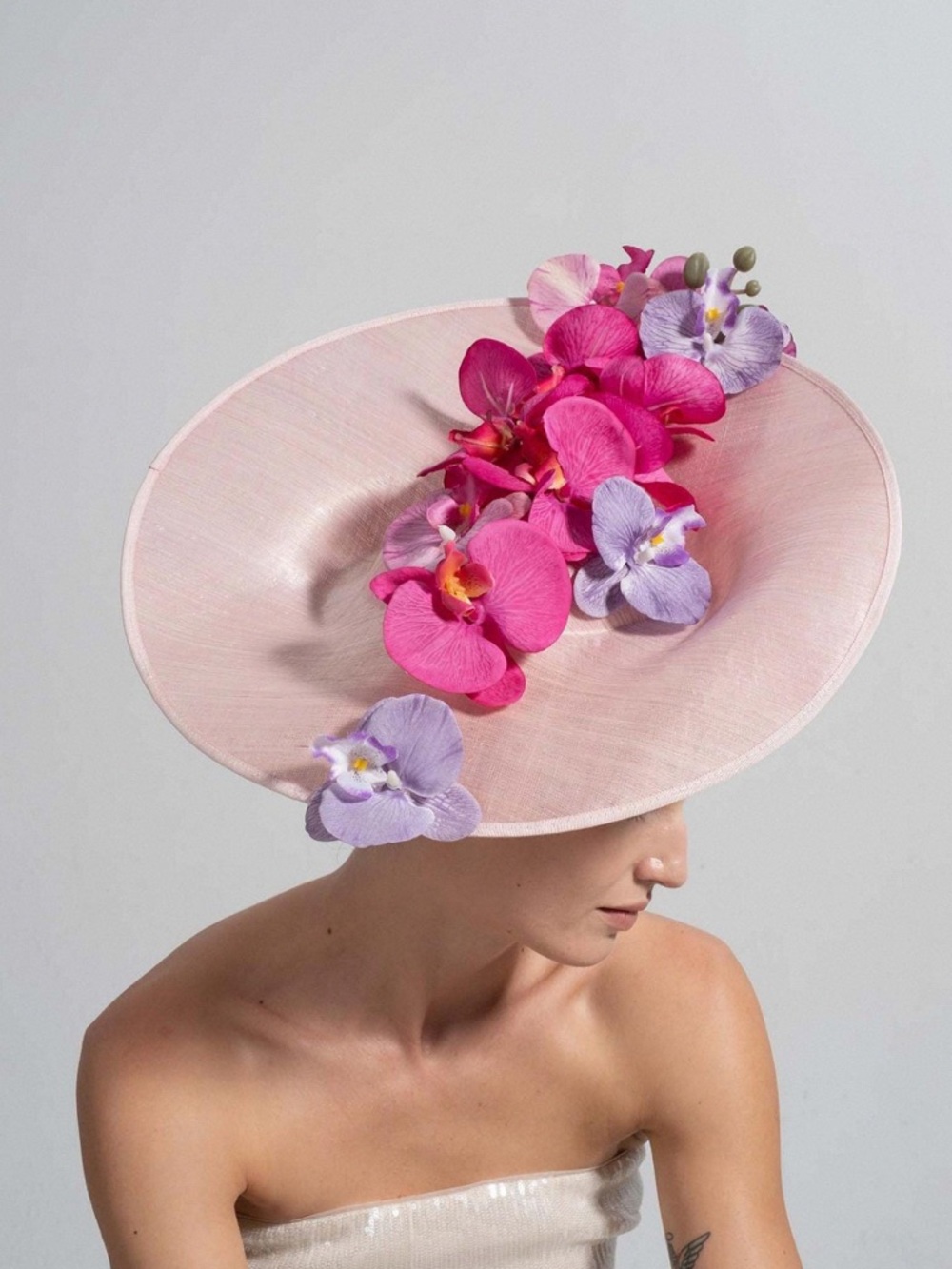 Elegant Pink Floral Saucer Hat with Orchid Accents